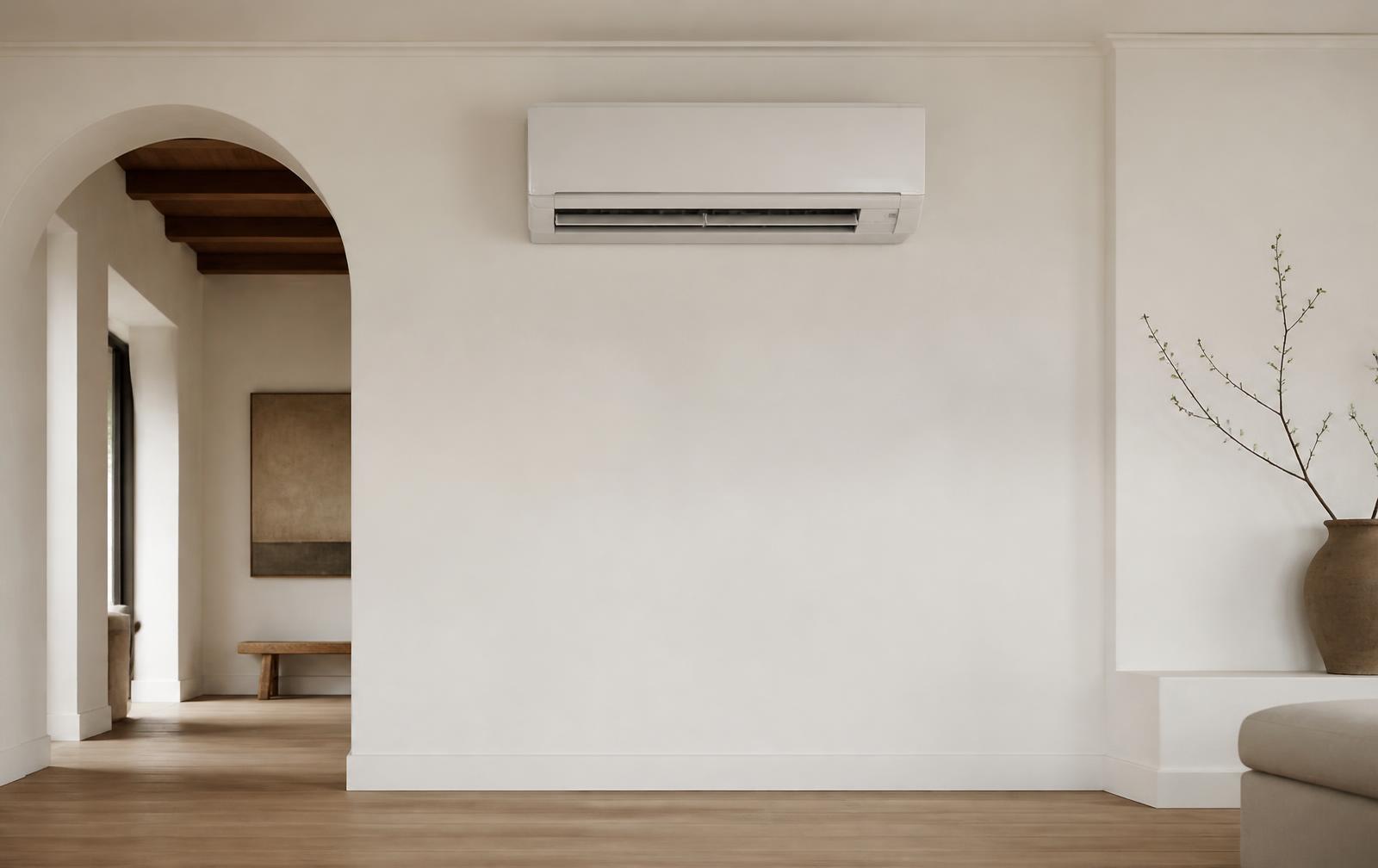 Living room with visible white plastic air conditioner